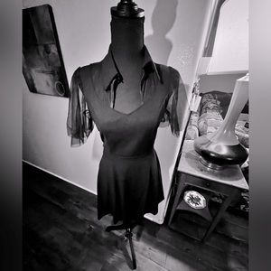 XS Black gothic cute skater style dress chiffon sleeves & collar.Stretchy womens